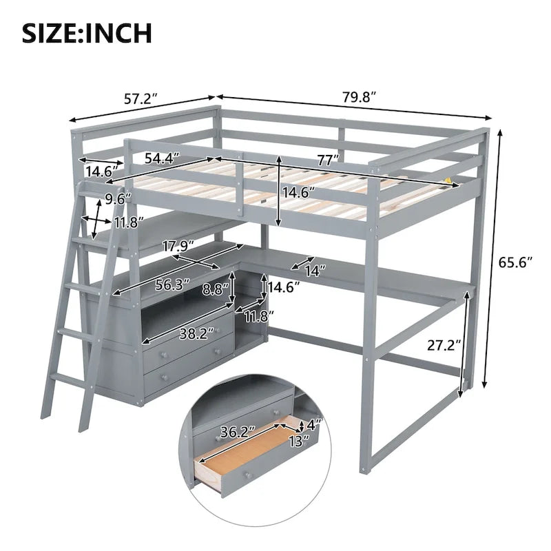Lit mezzanine gris double avec bureau, étagères et 2 tiroirs — Simple