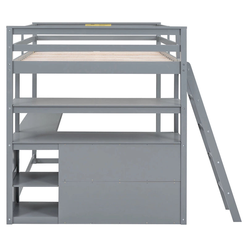 Lit mezzanine gris double avec bureau, étagères et 2 tiroirs — Simple