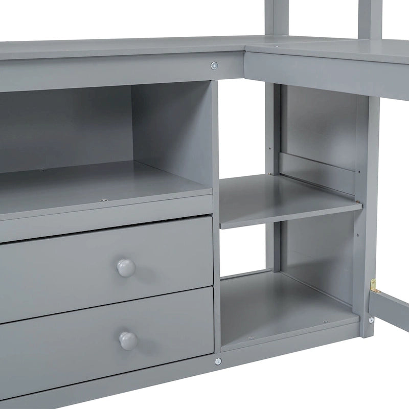 Lit mezzanine gris double avec bureau, étagères et 2 tiroirs — Simple