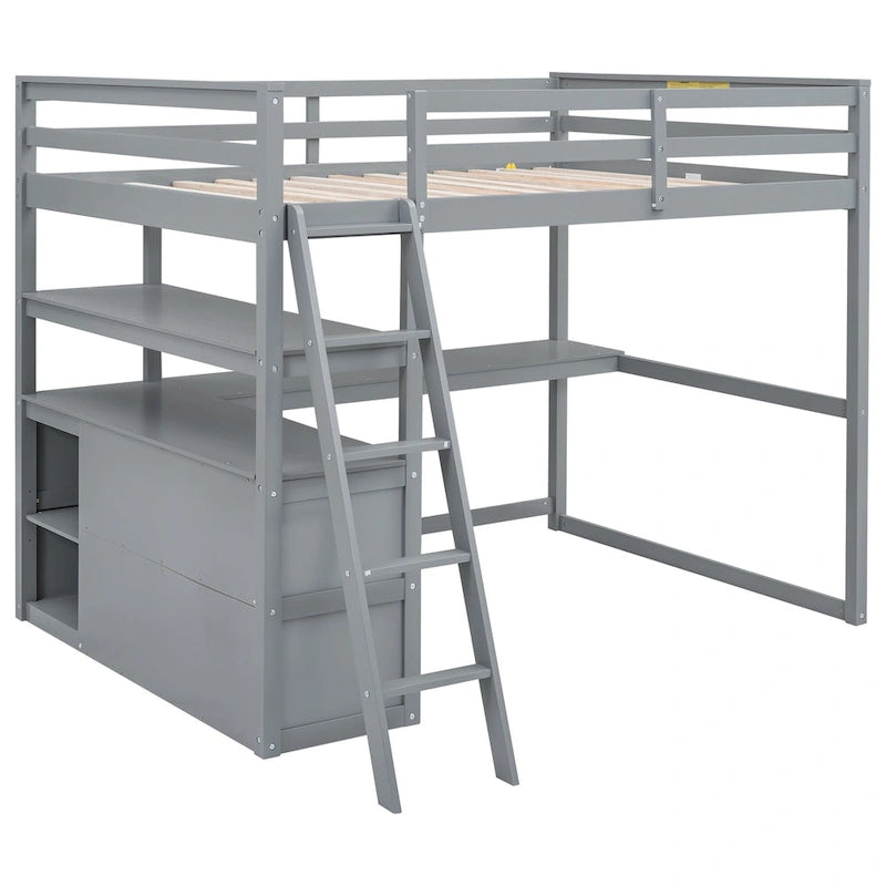 Lit mezzanine gris double avec bureau, étagères et 2 tiroirs — Simple