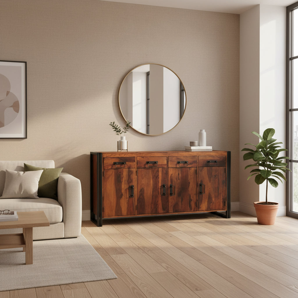 Enfilade 4 portes 4 tiroirs en bois et fer naturel