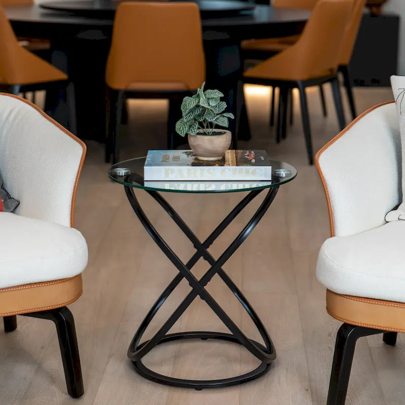 Table d'appoint ronde en verre trempé – Chrome/Noir, plateau transparent, utilisation 1 personne
