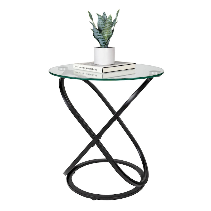 Table d'appoint ronde en verre trempé – Chrome/Noir, plateau transparent, utilisation 1 personne