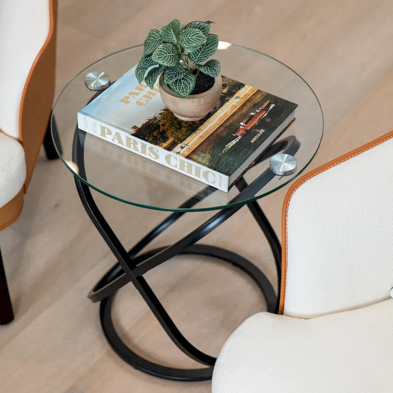 Table d'appoint ronde en verre trempé – Chrome/Noir, plateau transparent, utilisation 1 personne