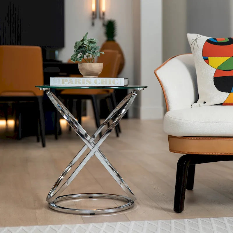 Table d'appoint ronde en verre trempé – Chrome/Noir, plateau transparent, utilisation 1 personne
