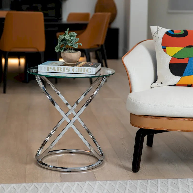 Table d'appoint ronde en verre trempé – Chrome/Noir, plateau transparent, utilisation 1 personne