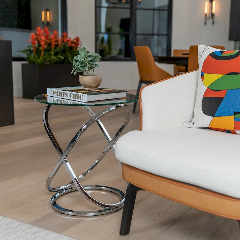 Table d'appoint ronde en verre trempé – Chrome/Noir, plateau transparent, utilisation 1 personne
