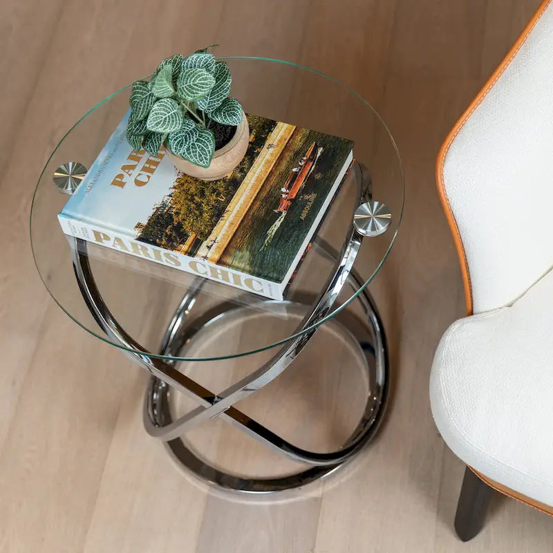 Table d'appoint ronde en verre trempé – Chrome/Noir, plateau transparent, utilisation 1 personne