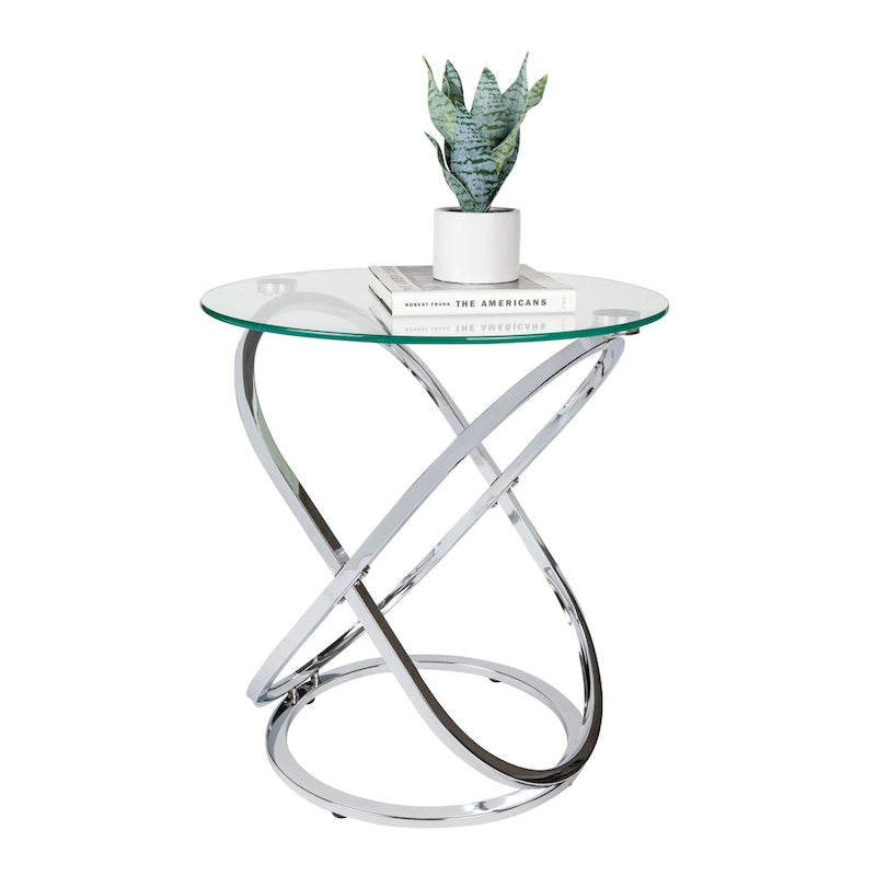 Table d'appoint ronde en verre trempé – Chrome/Noir, plateau transparent, utilisation 1 personne