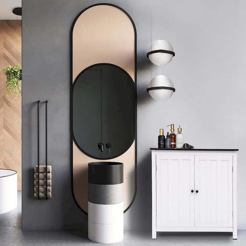 Meuble de salle de bain autoportant blanc et noir à double porte, Pour 1 personne — 82 cm H x 80 cm L x 37 cm P