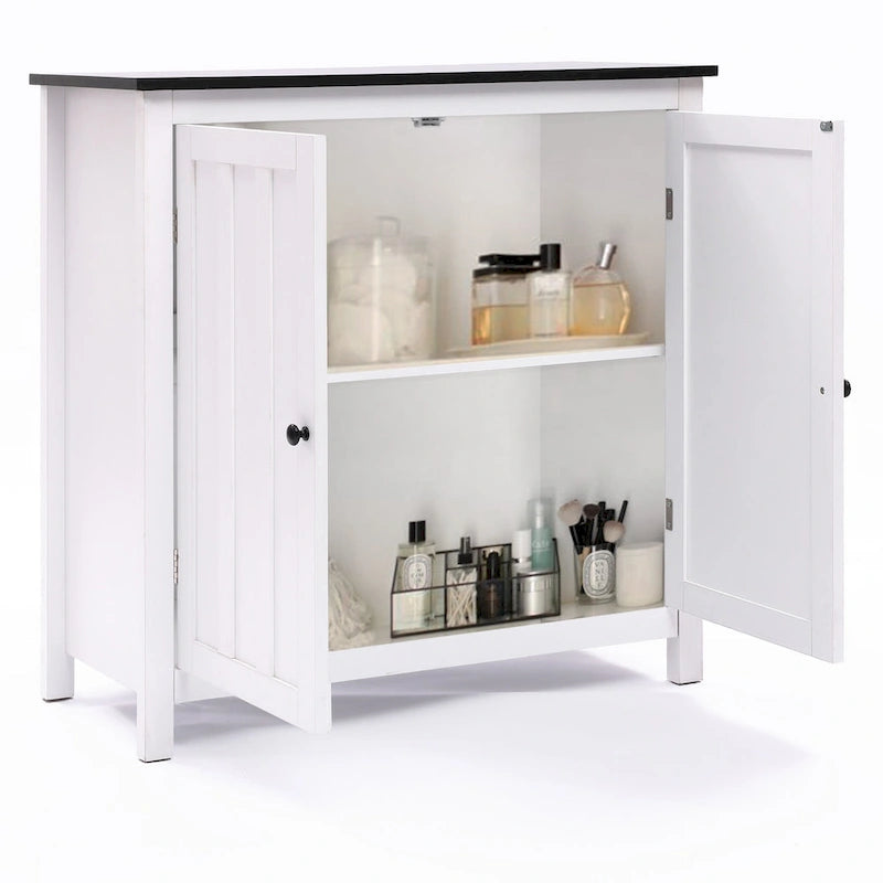 Meuble de salle de bain autoportant blanc et noir à double porte, Pour 1 personne — 82 cm H x 80 cm L x 37 cm P