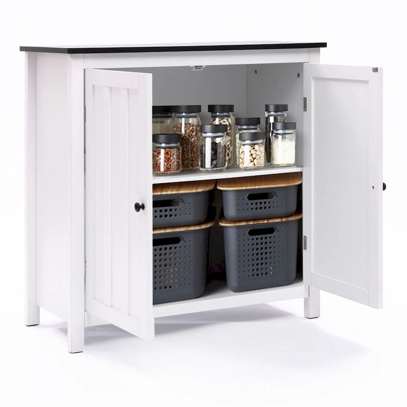 Meuble de salle de bain autoportant blanc et noir à double porte, Pour 1 personne — 82 cm H x 80 cm L x 37 cm P
