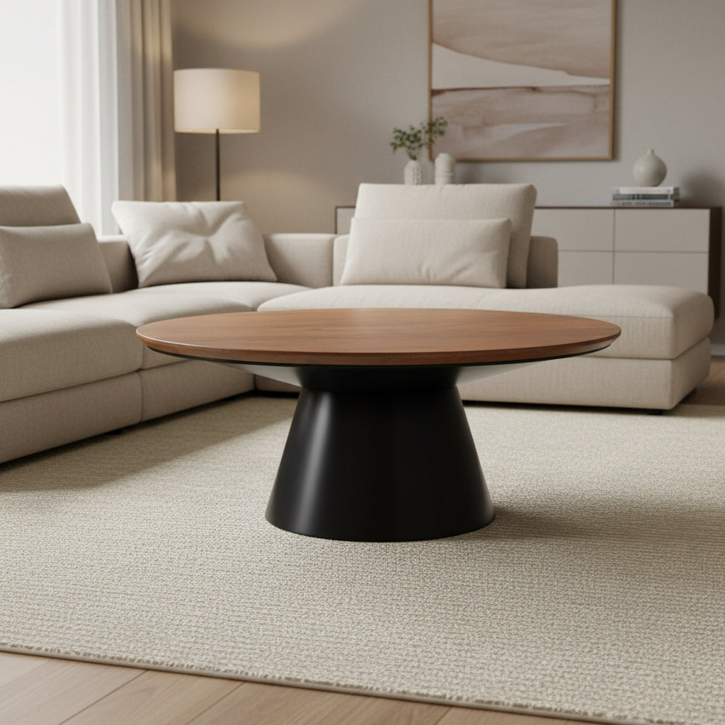 Mitchell Solid Wood Top with Black Cast Iron Base Round Coffee Table
