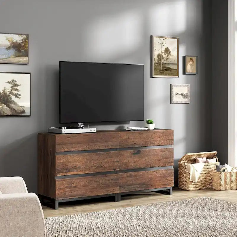 Meuble TV marron avec 6 tiroirs, convient aux téléviseurs jusqu'à 70"