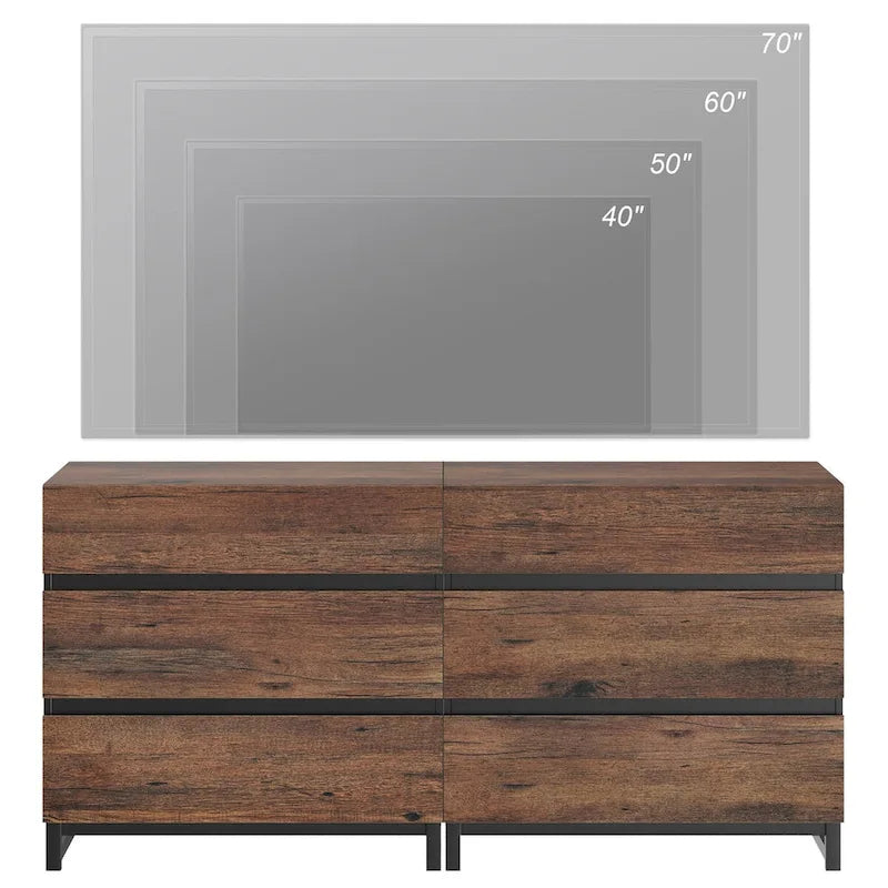 Meuble TV marron avec 6 tiroirs, convient aux téléviseurs jusqu'à 70"