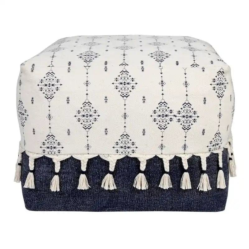 Pouf ottoman carré ornemental bleu marine et blanc — 1 place