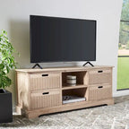 Meuble TV rustique – Marron / Sable / Noir / Blanc vieilli – 2 étagères 4 tiroirs