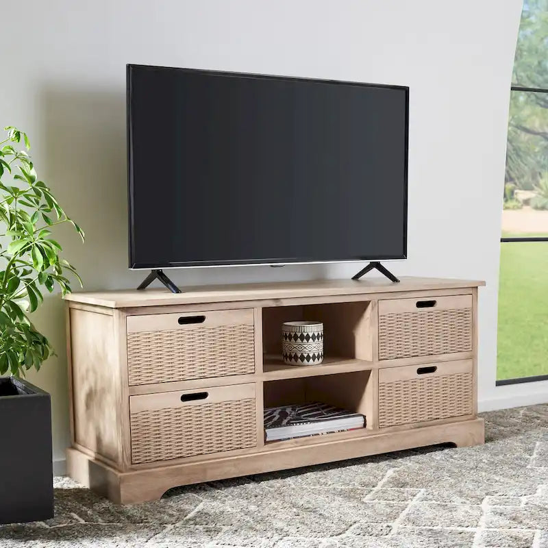 Meuble TV rustique – Marron / Sable / Noir / Blanc vieilli – 2 étagères 4 tiroirs