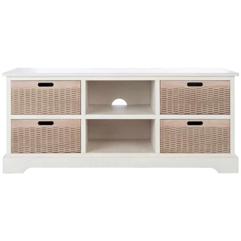 Meuble TV rustique – Marron / Sable / Noir / Blanc vieilli – 2 étagères 4 tiroirs