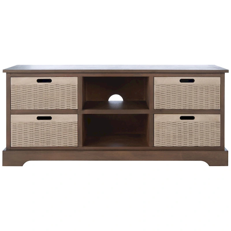 Meuble TV rustique – Marron / Sable / Noir / Blanc vieilli – 2 étagères 4 tiroirs