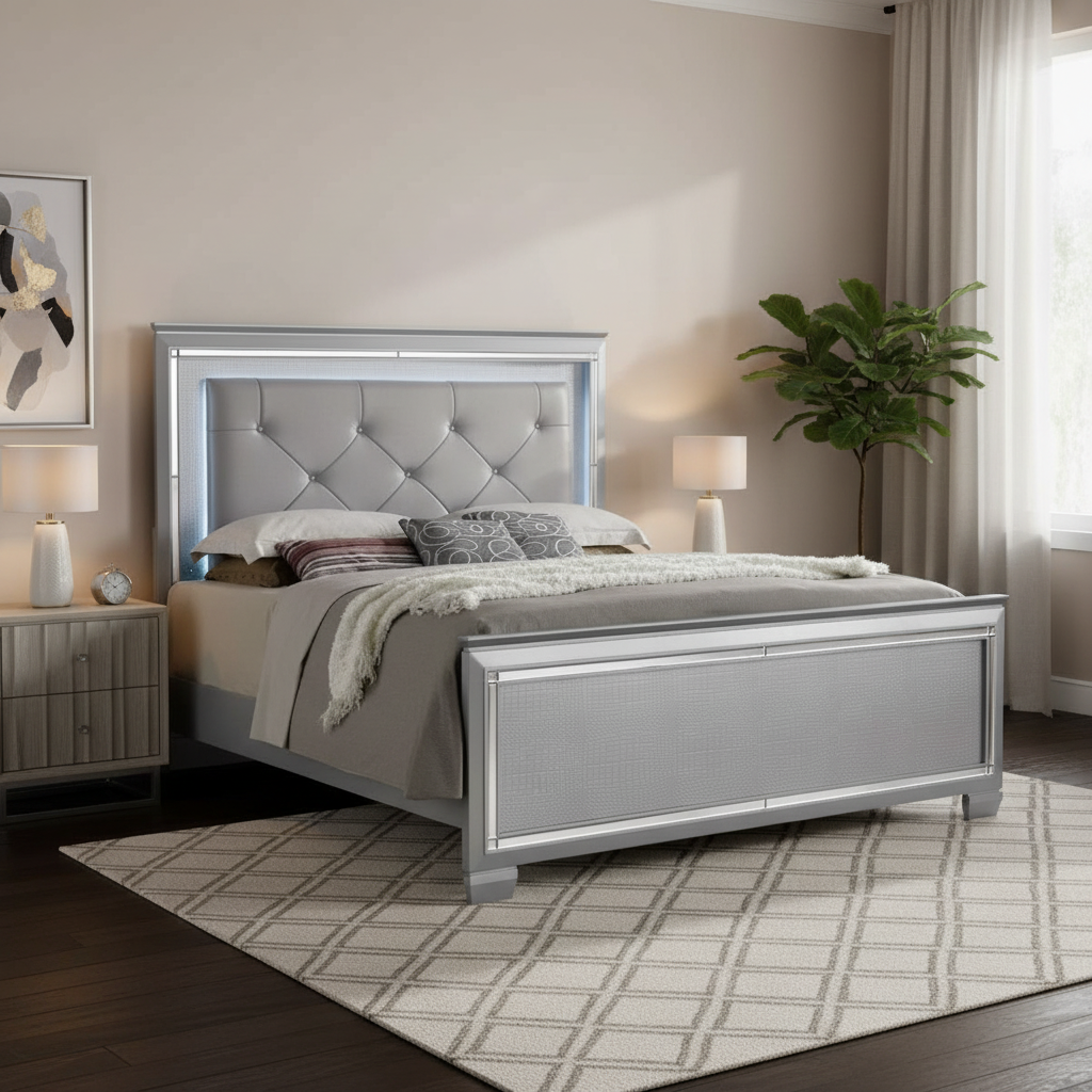 Lit king-size gris, tête de lit LED, garniture argentée, 2 personnes