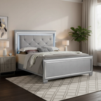 Lit king-size gris, tête de lit LED, garniture argentée, 2 personnes