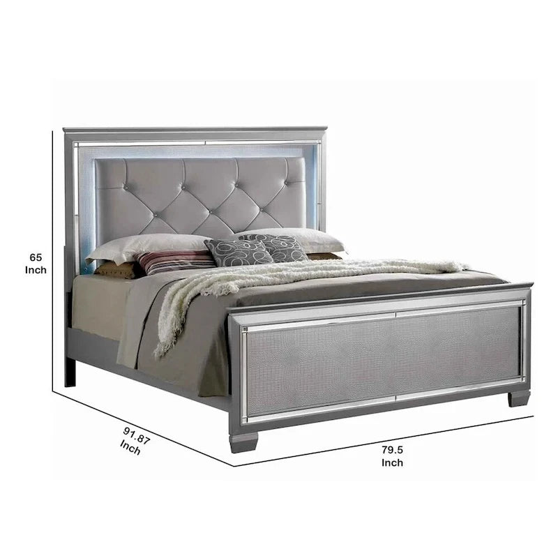 Lit king-size gris, tête de lit LED, garniture argentée, 2 personnes
