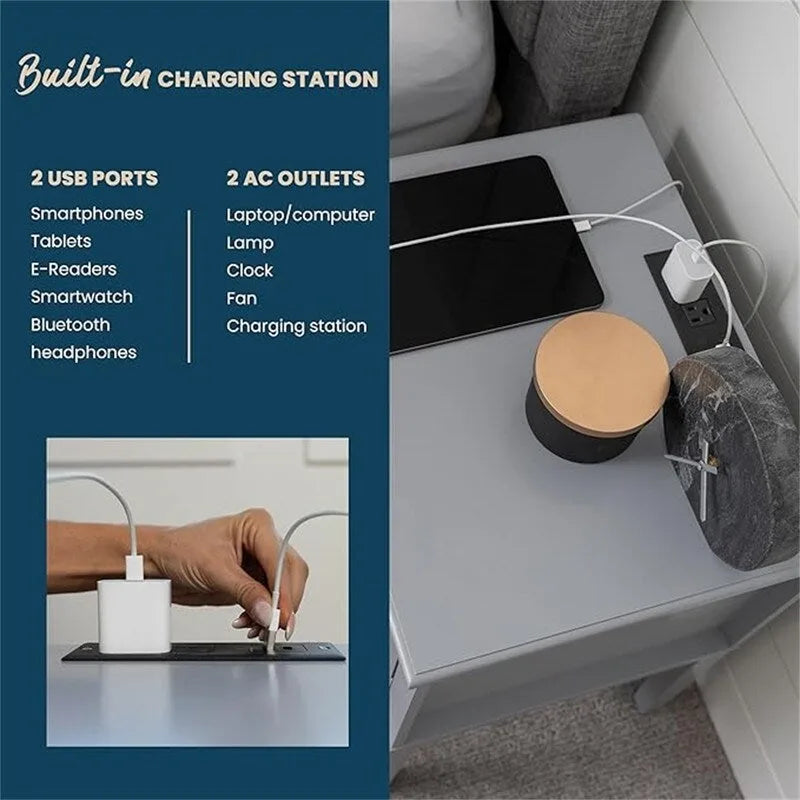 Table de chevet du milieu du siècle avec station de recharge — Noir/Gris, 1 personne