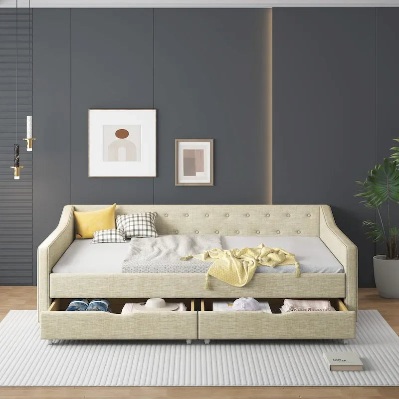 Lit de Repos Rembourré avec Tiroirs de Rangement, Beige / Gris Foncé, Grand Lit, 1 Personne