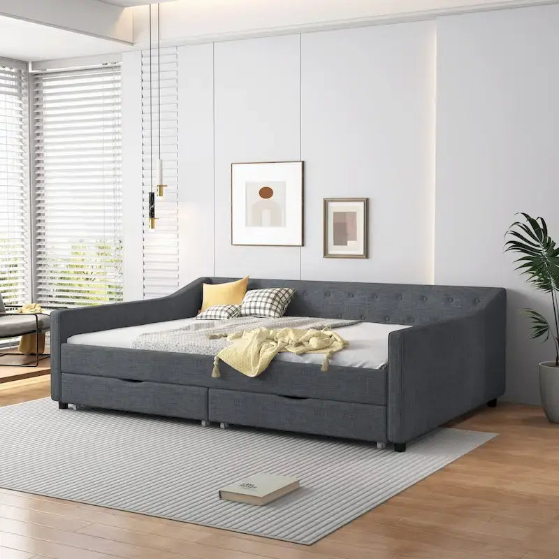 Lit de Repos Rembourré avec Tiroirs de Rangement, Beige / Gris Foncé, Grand Lit, 1 Personne