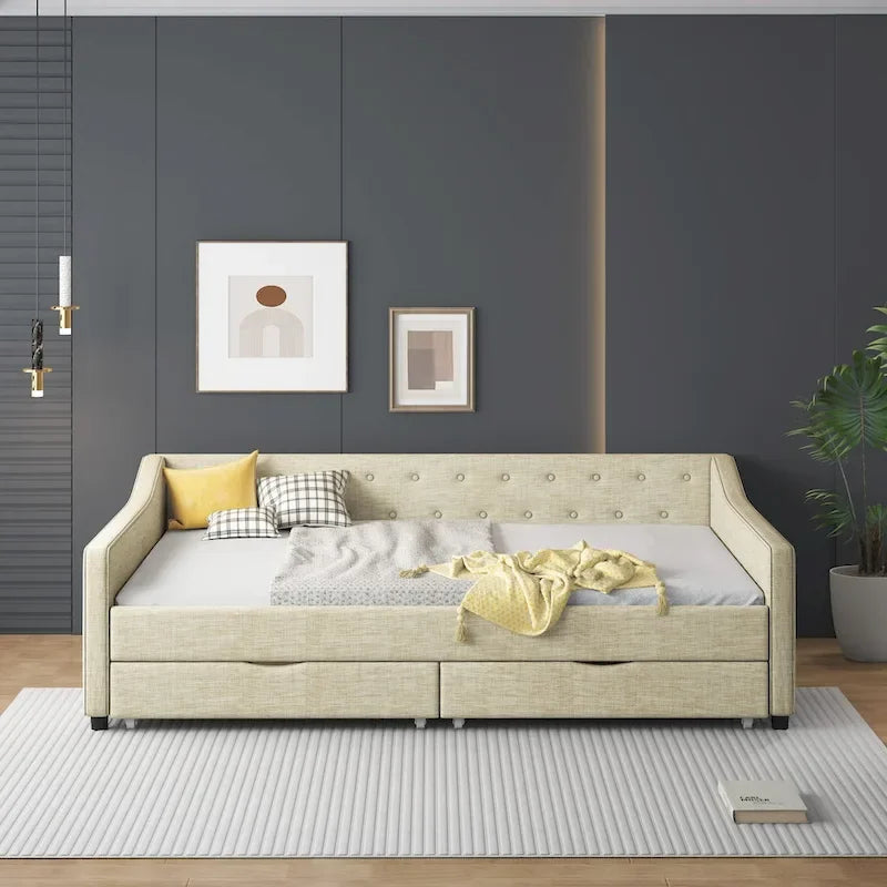 Lit de Repos Rembourré avec Tiroirs de Rangement, Beige / Gris Foncé, Grand Lit, 1 Personne