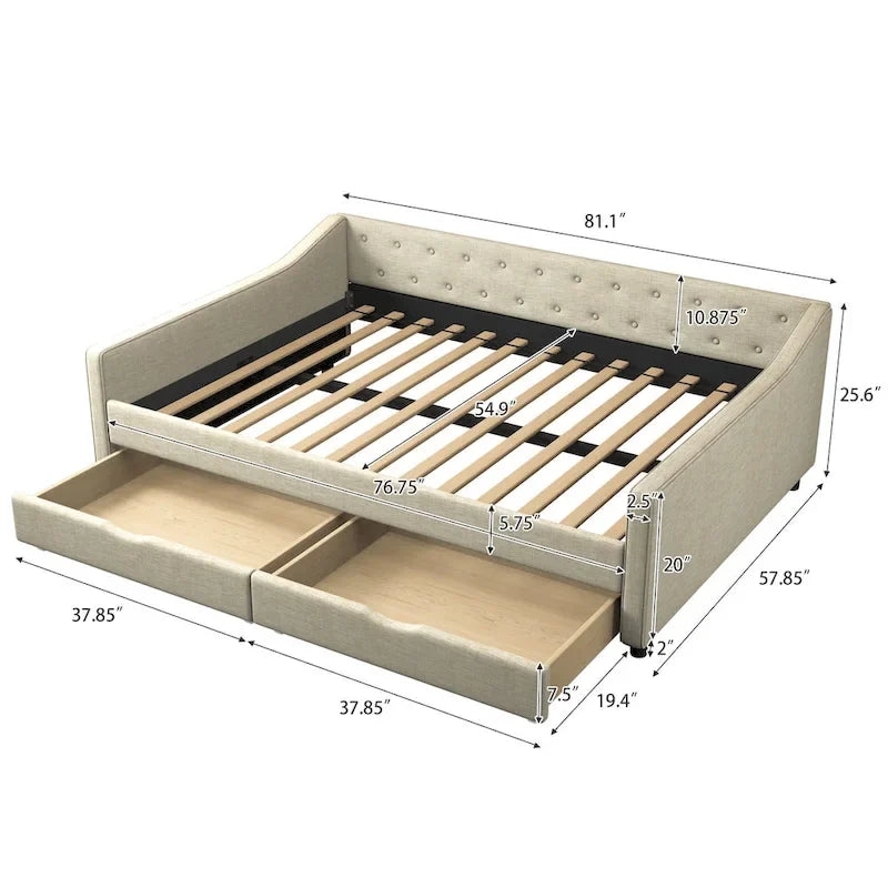 Lit de Repos Rembourré avec Tiroirs de Rangement, Beige / Gris Foncé, Grand Lit, 1 Personne