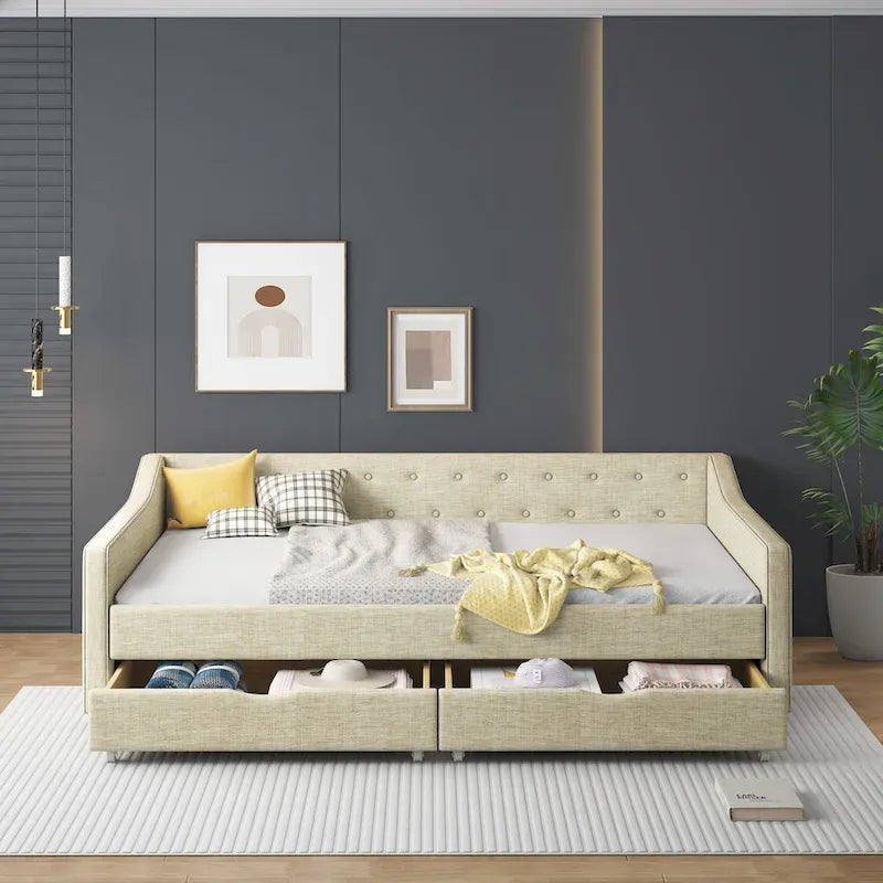 Lit de Repos Rembourré avec Tiroirs de Rangement, Beige / Gris Foncé, Grand Lit, 1 Personne