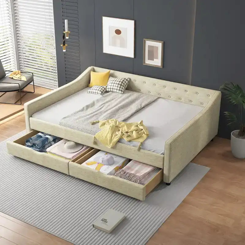 Lit de Repos Rembourré avec Tiroirs de Rangement, Beige / Gris Foncé, Grand Lit, 1 Personne
