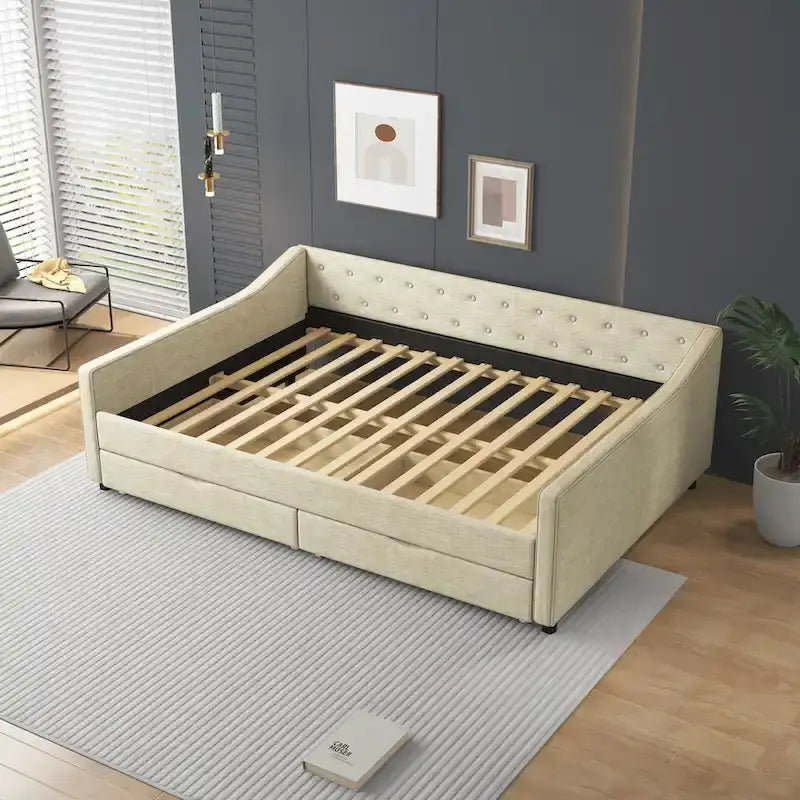Lit de Repos Rembourré avec Tiroirs de Rangement, Beige / Gris Foncé, Grand Lit, 1 Personne