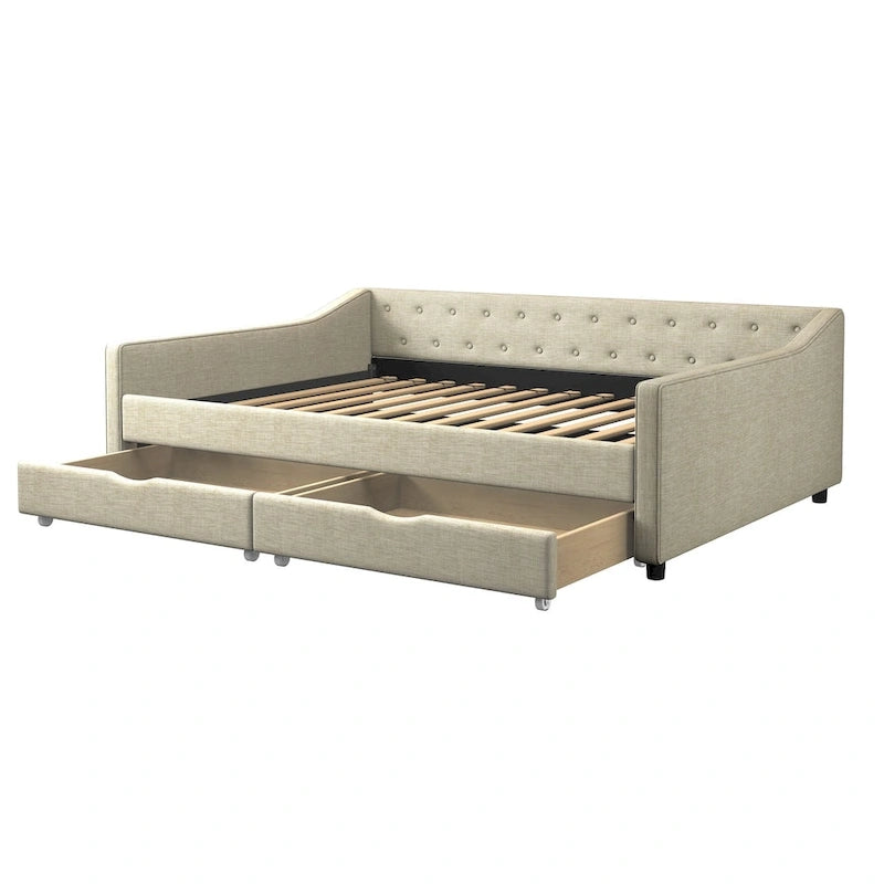 Lit de Repos Rembourré avec Tiroirs de Rangement, Beige / Gris Foncé, Grand Lit, 1 Personne