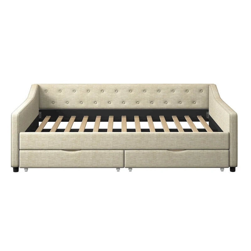 Lit de Repos Rembourré avec Tiroirs de Rangement, Beige / Gris Foncé, Grand Lit, 1 Personne