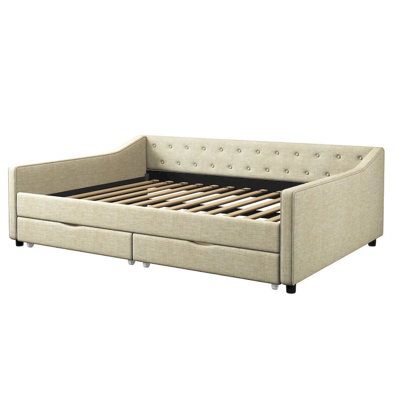 Lit de Repos Rembourré avec Tiroirs de Rangement, Beige / Gris Foncé, Grand Lit, 1 Personne