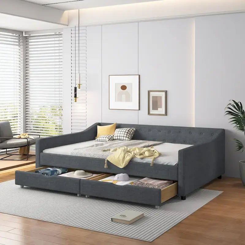 Lit de Repos Rembourré avec Tiroirs de Rangement, Beige / Gris Foncé, Grand Lit, 1 Personne