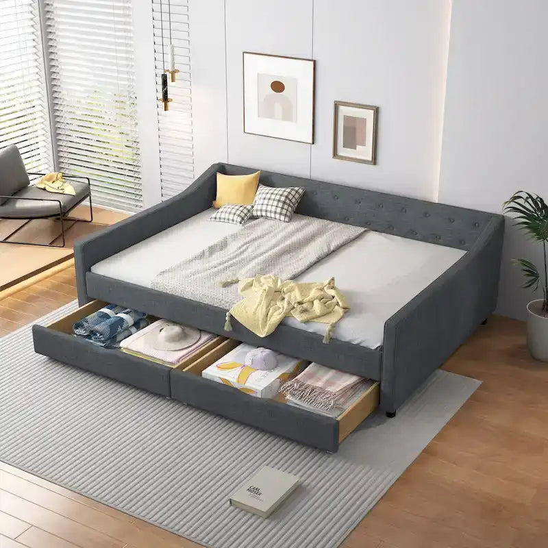 Lit de Repos Rembourré avec Tiroirs de Rangement, Beige / Gris Foncé, Grand Lit, 1 Personne