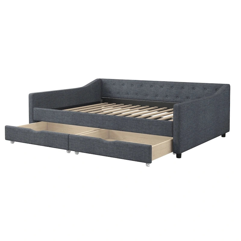 Lit de Repos Rembourré avec Tiroirs de Rangement, Beige / Gris Foncé, Grand Lit, 1 Personne