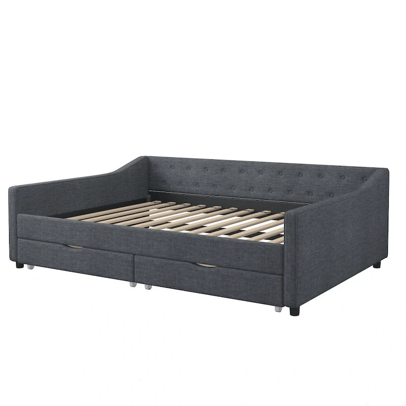 Lit de Repos Rembourré avec Tiroirs de Rangement, Beige / Gris Foncé, Grand Lit, 1 Personne