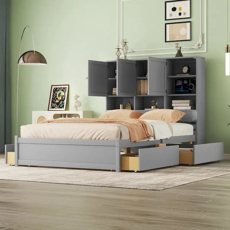 Lit plateforme Queen gris/blanc avec tête de lit de rangement et 4 tiroirs, pour 1 à 2 personnes