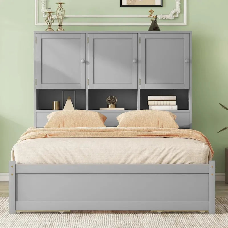 Lit plateforme Queen gris/blanc avec tête de lit de rangement et 4 tiroirs, pour 1 à 2 personnes