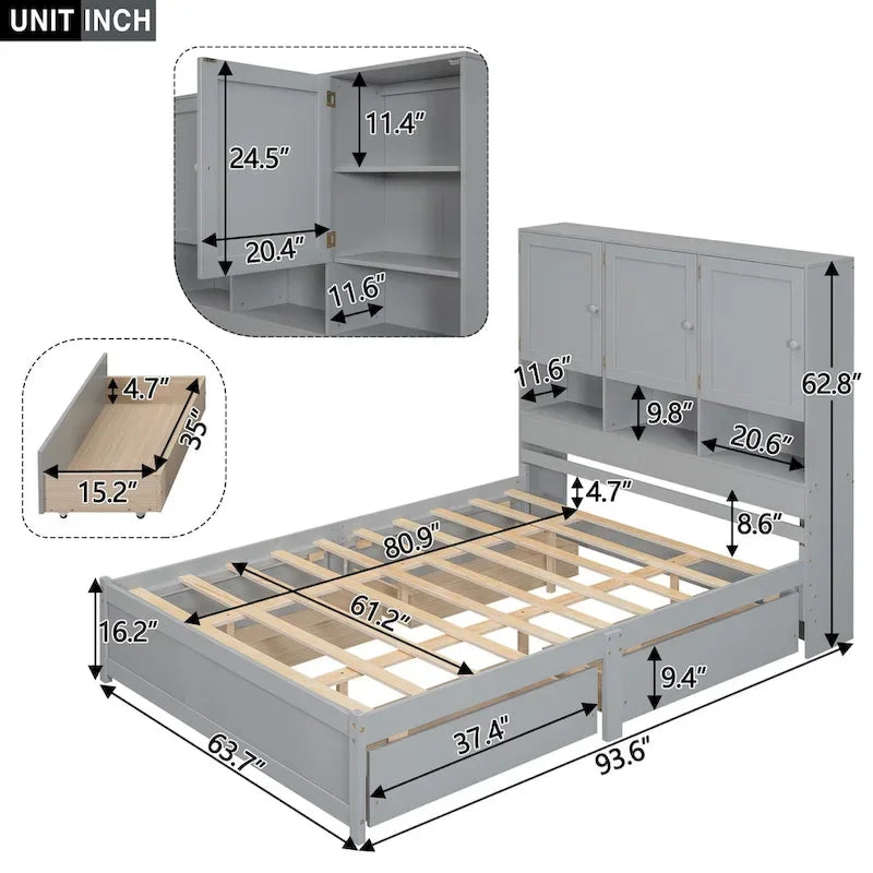 Lit plateforme Queen gris/blanc avec tête de lit de rangement et 4 tiroirs, pour 1 à 2 personnes