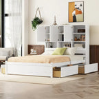 Lit plateforme Queen gris/blanc avec tête de lit de rangement et 4 tiroirs, pour 1 à 2 personnes