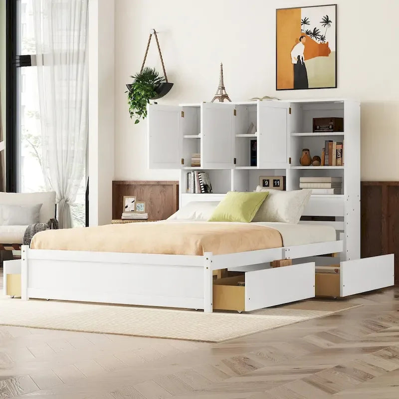 Lit plateforme Queen gris/blanc avec tête de lit de rangement et 4 tiroirs, pour 1 à 2 personnes