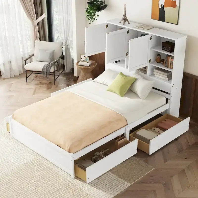 Lit plateforme Queen gris/blanc avec tête de lit de rangement et 4 tiroirs, pour 1 à 2 personnes
