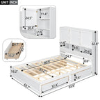 Lit plateforme Queen gris/blanc avec tête de lit de rangement et 4 tiroirs, pour 1 à 2 personnes
