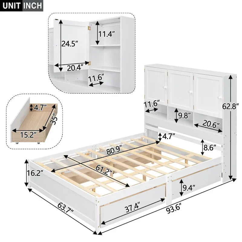 Lit plateforme Queen gris/blanc avec tête de lit de rangement et 4 tiroirs, pour 1 à 2 personnes